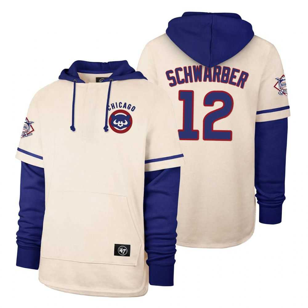 Men Chicago Cubs 12 Schwarber Cream 2021 Pullover Hoodie MLB Jersey